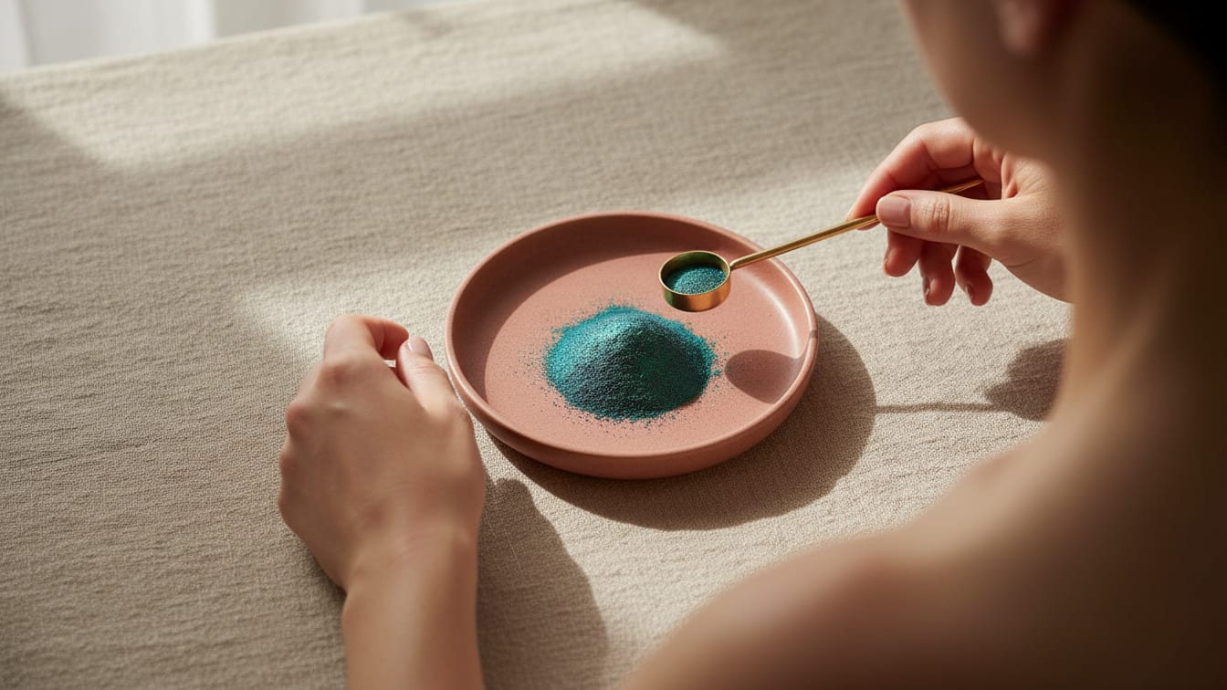 Illustration: Blue-green powder in a rose ceramic dish with a gold scoop on a beige linen surface.